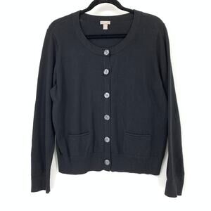 J. Jill Button Front Crew Neck Cardigan Sweater Womens Size PL Black Stretch